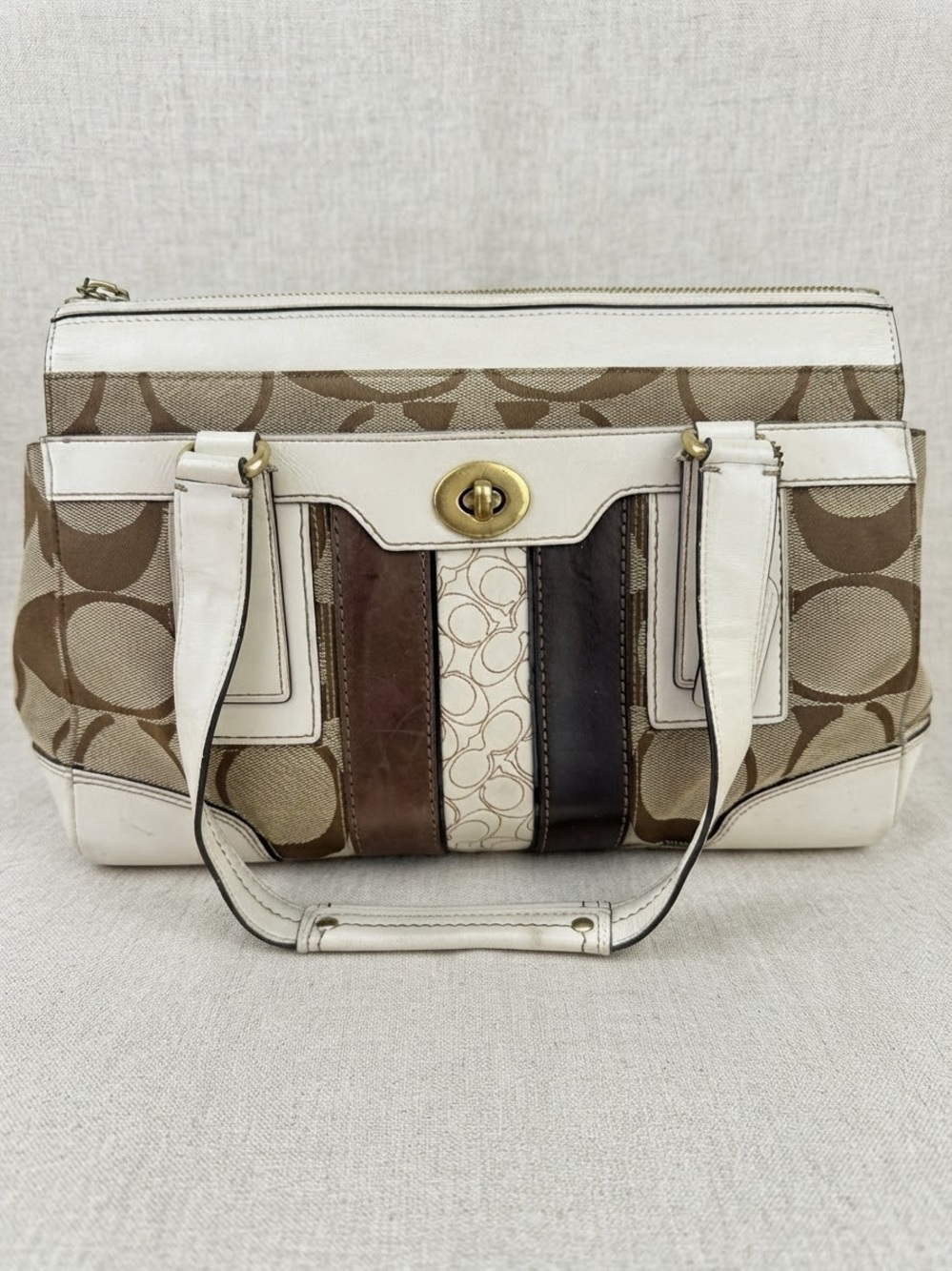 Vintage Y2K Coach Signature Patchwork Turn-Lock Tote Bag Brown/White